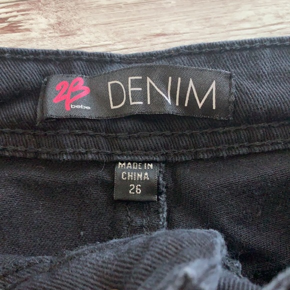 2B Bebe Black Eyelet Lace Overlay Distressed Jean Shorts - Picture 4 of 8